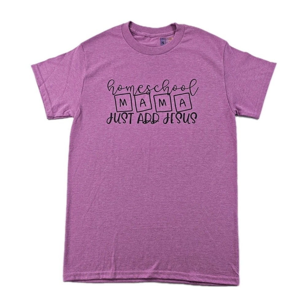 Homeschool Mama‎ Just Add Jesus Women's Small Purple Spell Out Print Fun T Shirt